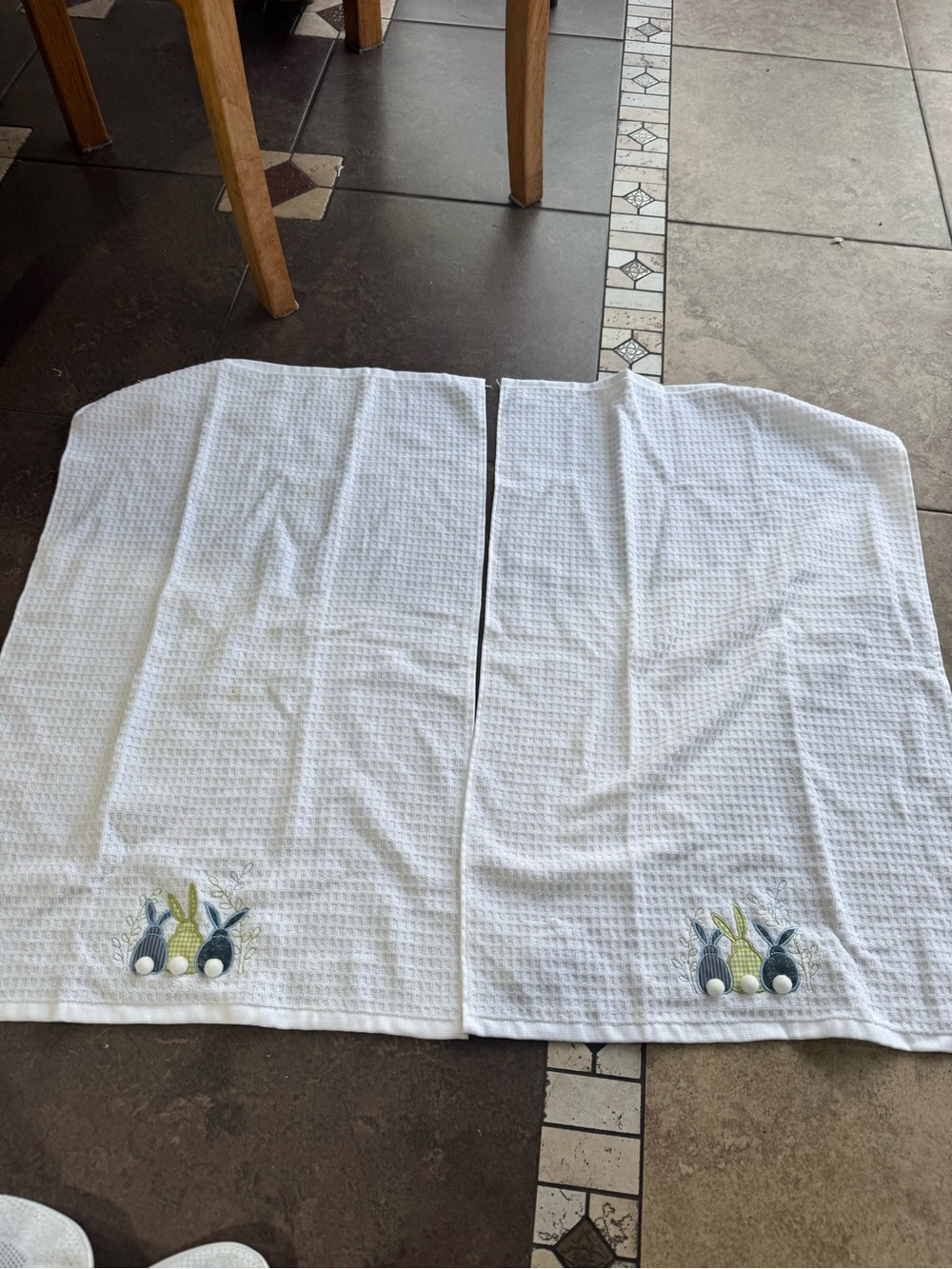 Set of 2 White Waffle Weave Kitchen Towels with Bunny Embroidery